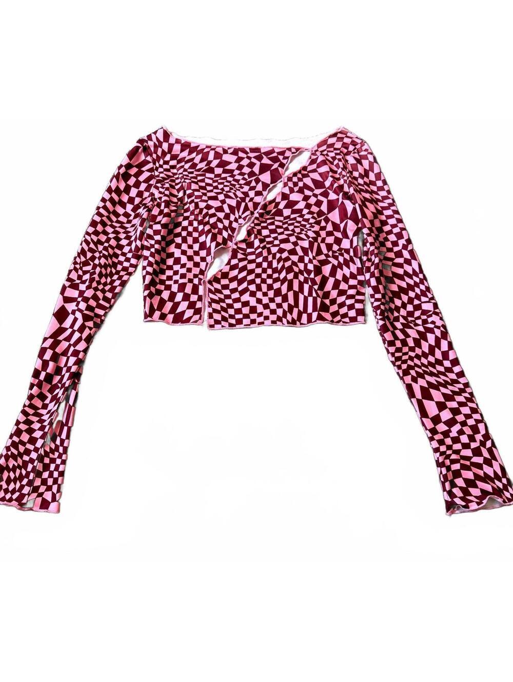 Pink Checkered Long Sleeve Crop Top L Y2K Nezuko Demon Slayer Inspired